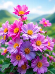 Obraz premium A vibrant display of pink and purple cosmos flowers in full bloom against a blurred green background