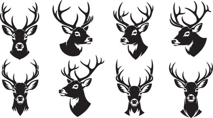 Naklejka premium deer face silhouette vector, black and white deer face illustration, minimalistic deer head vector, stylized deer face outline, tribal deer head design, deer face with antlers silhouette, 