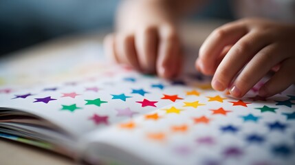 Fototapeta premium Child's hands placing colorful star stickers onto a page in a book with many other stars visible