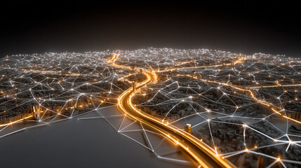 A futuristic smart city network glows with interconnected lines and a vibrant data highway, symbolizing global communication.
