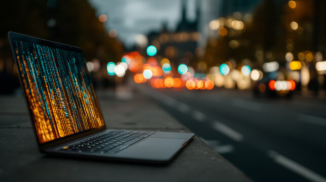 Modern laptop screen glows with digital data amidst the bustling urban night lights