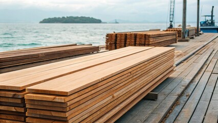Large bundles of lumber are neatly piled on a sturdy wooden dock, awaiting shipment across the water, emphasizing global commerce and the transport of natural resources.
