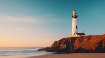 Naklejka premium A tall white lighthouse stands on a rocky cliff overlooking a calm ocean at sunset, under a clear sky.