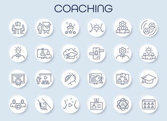 Set of 24 line icons related to training, coaching, mentoring, education, meetings, conferences and teamwork. Collection of outline icons in circles with shadow. Editable outline. Vector illustration.