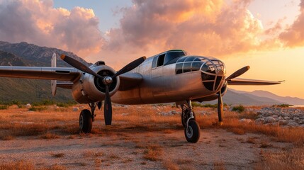 Fototapeta premium Vintage twin-engine airplane parked on a rocky field during a dramatic sunset with clouds and mountains in the background.