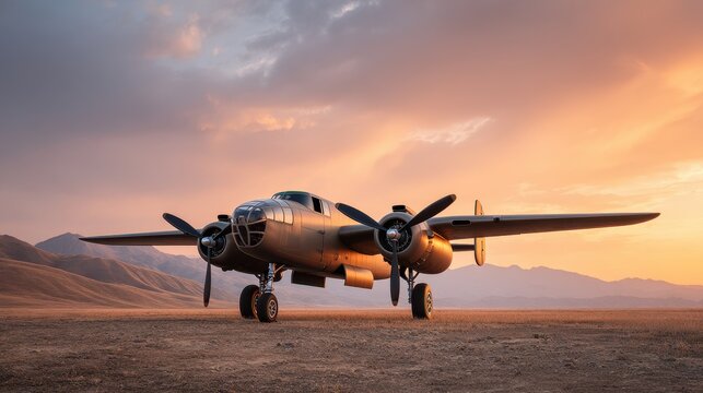 A vintage twin-engine airplane sits on a barren landscape at sunset, with mountains and a colorful sky in the background.
