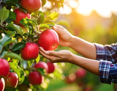 Hands picking red apples from a tree