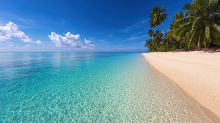 A tropical beach with clear turquoise water, white sand, and palm trees under a bright blue sky with scattered clouds.