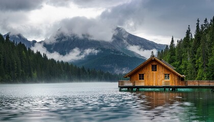 Fototapeta premium wooden cabin on lake misty mountains