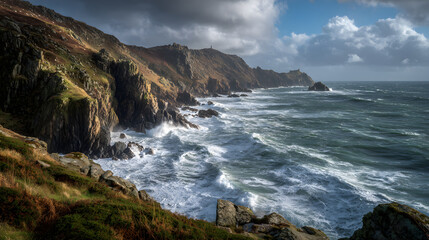 Obraz premium Wild Cliffside Dance: Nature's Unyielding Battleground Between Land and Sea