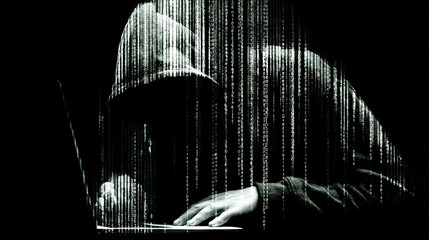 A hooded figure shrouded in digital code works intensely on a laptop in a dark, mysterious setting.