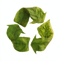 Green recycling symbol made of leaves, isolated on a white background in PNG format with transparent background. Eco-friendly design ideal for sustainability and environmental projects.