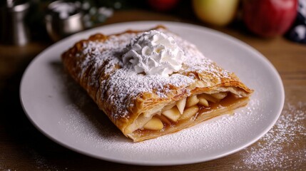 Homemade Apple Strudel with Whipped Cream and Powdered Sugar Topping