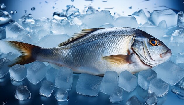 freshly caught fish encased in ice with water droplets on surface