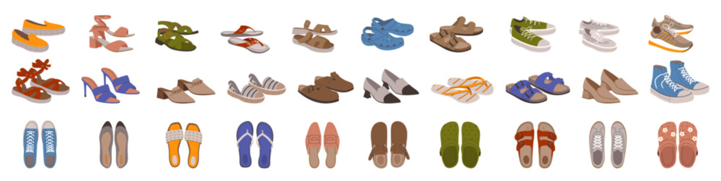 Set of female and male trendy summer shoes of footwear. Sandals, mules, ballet flats, flip-flops, crocs with embellishments, sneakers, stilettos, wedges. Flat vector illustration isolated on white.