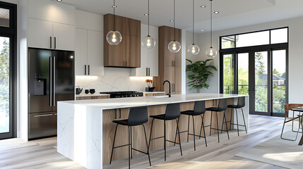 White quartz kitchen island