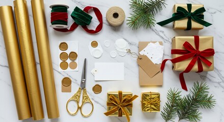 Elegant Gift Wrapping: Gold Paper, Velvet Ribbons, and Festive Touches on Marble