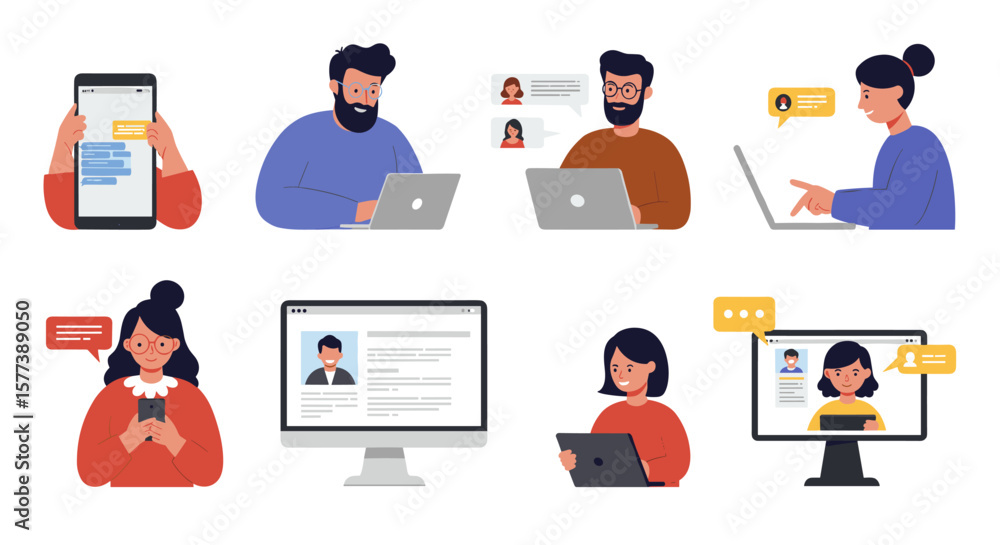 Poster diverse people engaging in digital communication and online networking in flat design