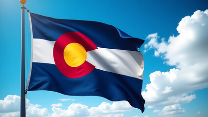 Waving Colorado State Flag Against a Bright Blue Sky with Clouds
