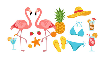 Tropical summer vibes: flamingos, pineapple, strawberries, and beach essentials