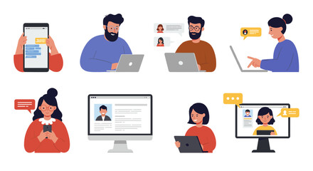 Diverse people engaging in digital communication and online networking in flat design