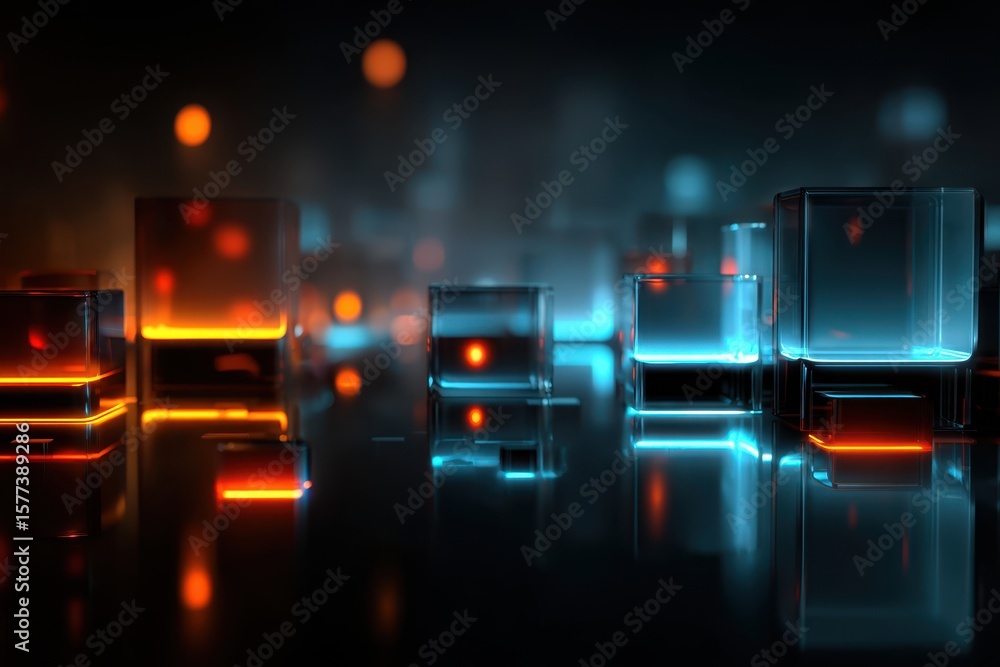 Poster colorful glowing cubes illuminate a modern abstract space in a digital art creation