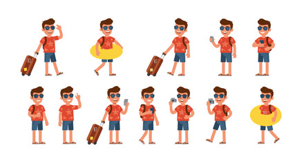 Cartoon character set of tourist with sunglasses, luggage, and summer outfits