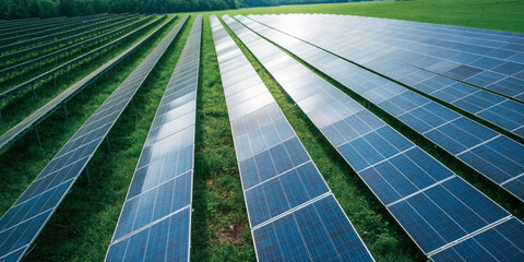 "High-Angle View of Solar Panels in a Lush Green Field"