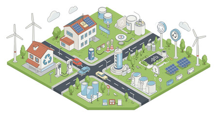 Isometric sustainable energy city with eco-friendly technologies and renewable sources