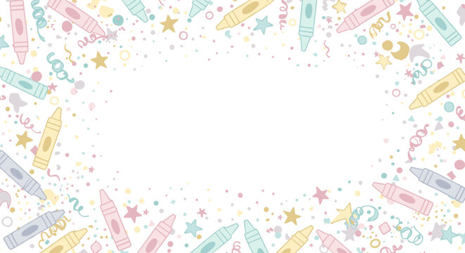 Colorful crayon party border with pastel confetti and stars