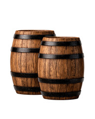 Fototapeta premium Isolated transparent png A pair of wooden barrels Two wooden barrels with metal bands, showcasing a rustic design.