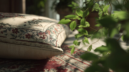 Close-up of a boho balcony side table with a woven placemat, glass vase with tropical leaves, and a lantern — adding a cozy touch to a sunny outdoor area.