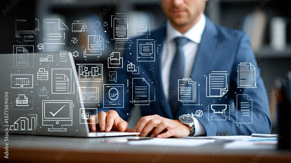 Poster focused executive utilizes cutting-edge technology for seamless document and data management.