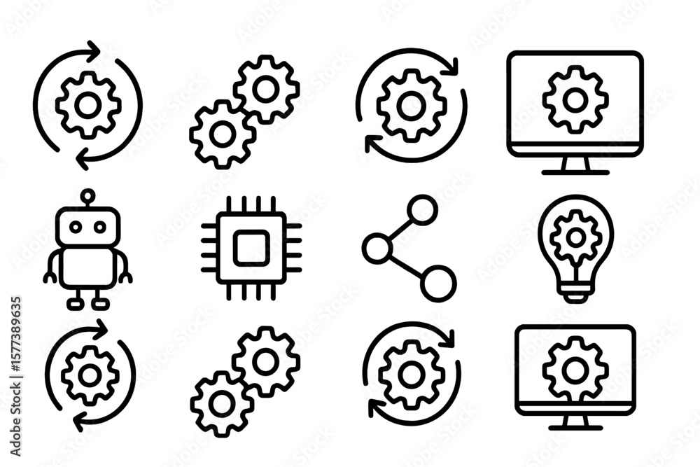 Aufkleber linear technology icons featuring gears, robot, and circuit elements on dark background