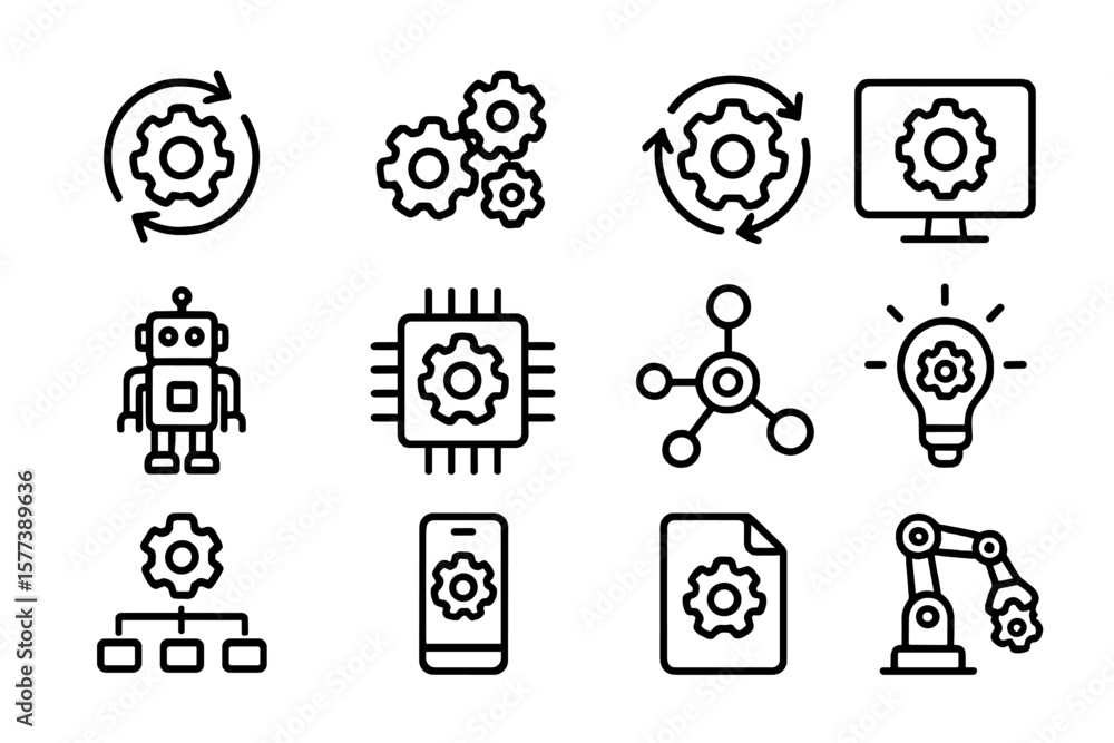 Poster set of linear gear and technology icons on gradient background