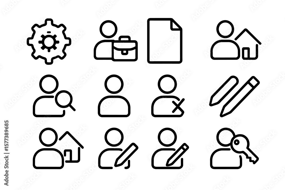 Poster minimalistic black line icons of people and objects on dark background