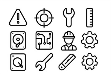 Black outline engineering and maintenance icons on gradient background