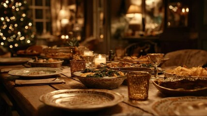 Festive dining table set for holiday meal with illuminated decor - Powered by Adobe