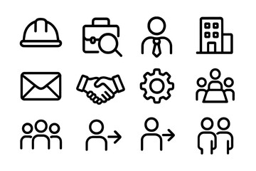Business outline icons: teamwork, communication, and management symbols