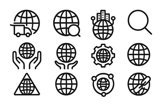 Global icon set: simple linear icons for commerce, travel, and technology