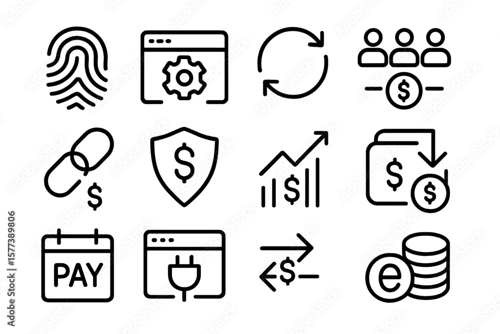 Poster black linear icons on dark background representing finance and data security