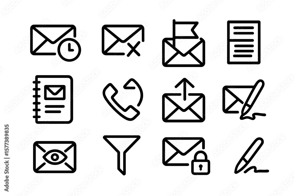 Poster minimalist dark email and communication icons set in linear style