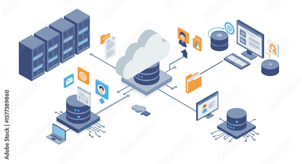 Poster isometric cloud computing network with data servers and digital connections