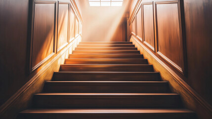 Fototapeta premium A sleek, modern staircase ascending into a ceiling cut by a large skylight