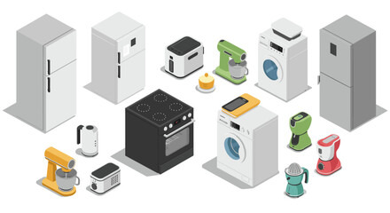 Modern isometric kitchen appliances collection: oven, mixer, juicer, and more