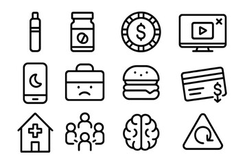 Simple linear icon set with various everyday objects on dark background