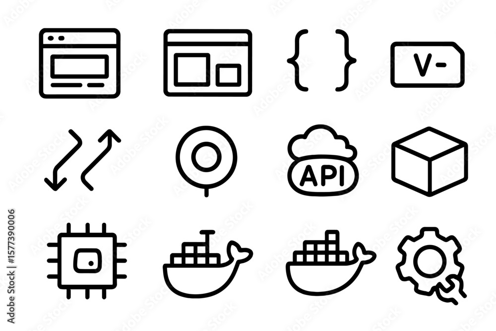 Poster minimalist technology icon set with docker and api symbols