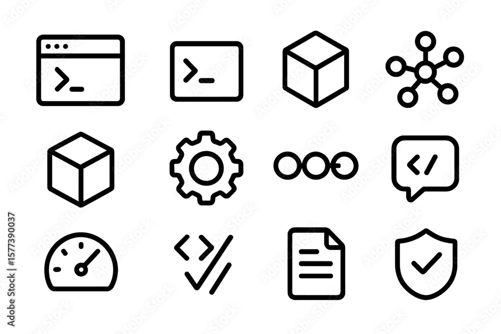 Poster minimalist developer icons in dark theme for web design and ux
