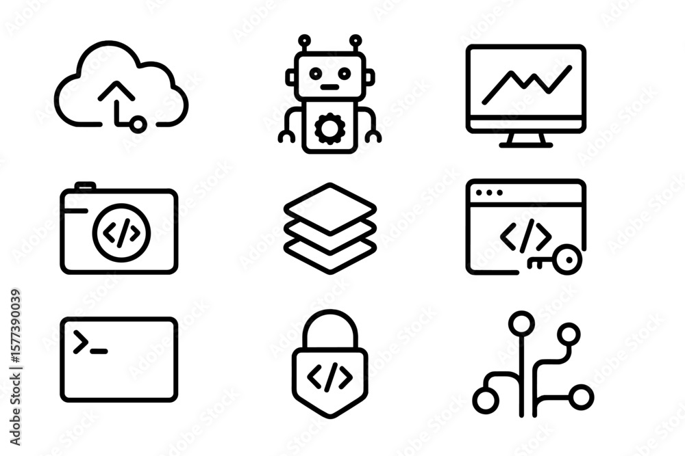 Poster minimalist dark theme tech icons for cloud computing and web development