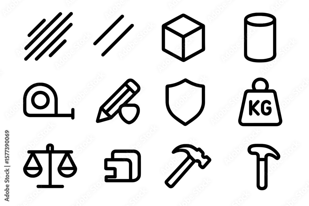 Poster construction and design icon set featuring tools and shapes in linear style